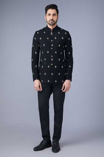 Buy_Varoin Marwah_Black Suiting Embroidery Bandhgala _Online_at_Aza_Fashions