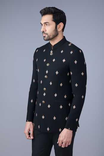 Shop_Varoin Marwah_Black Suiting Embroidery Bandhgala _Online_at_Aza_Fashions