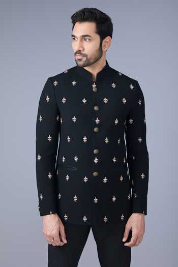 Varoin Marwah_Black Suiting Embroidery Bandhgala _at_Aza_Fashions