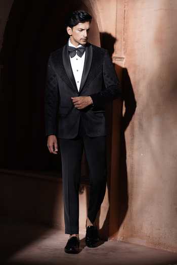 Buy_Varoin Marwah_Black Velvet Sequins Dark Radiance Tuxedo _Online_at_Aza_Fashions