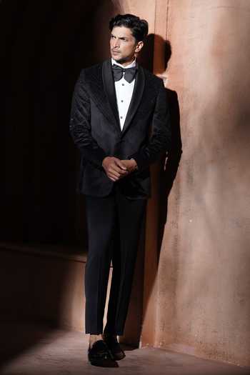 Shop_Varoin Marwah_Black Velvet Sequins Dark Radiance Tuxedo _Online_at_Aza_Fashions