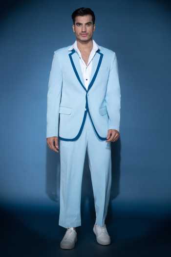 Shop Varoin Marwah Blue Crepe Caspian Blazer Set Online at Aza Fashions Shop_Varoin Marwah_Blue Crepe Caspian Blazer Set _Online_at_Aza_Fashions