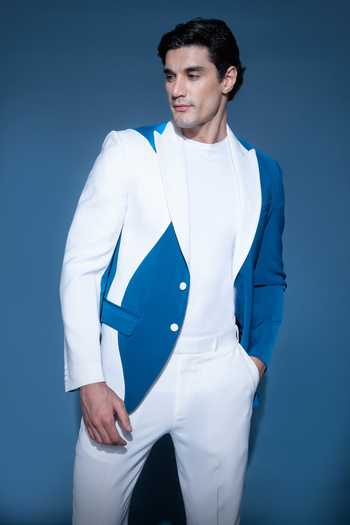 Varoin Marwah Blue Crepe Cubist Cobalt Blazer Online at Aza Fashions Varoin Marwah_Blue Crepe Cubist Cobalt Blazer _Online_at_Aza_Fashions