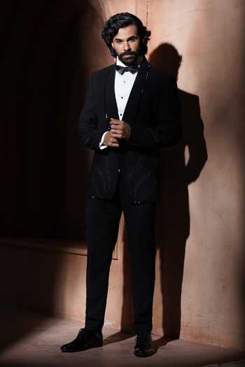 Shop_Varoin Marwah_Black Suiting Embroidery Shadow Leaf Tuxedo _Online_at_Aza_Fashions