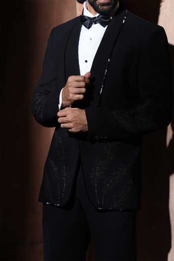 Varoin Marwah_Black Suiting Embroidery Shadow Leaf Tuxedo _at_Aza_Fashions