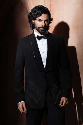 Shop Varoin Marwah Black Suiting Embroidery Shadow Leaf Tuxedo Shop_Varoin Marwah_Black Suiting Embroidery Shadow Leaf Tuxedo