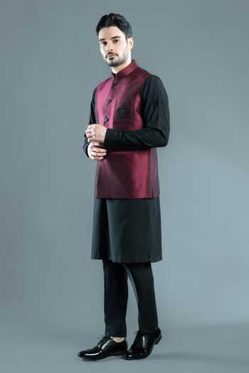 Varoin Marwah Red Silk Siyah Placement Embroidered Nehru Jacket Online at Aza Fashions Varoin Marwah_Red Silk Siyah Placement Embroidered Nehru Jacket _Online_at_Aza_Fashions