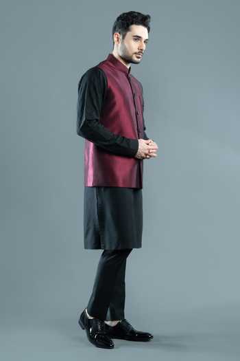Buy Varoin Marwah Red Silk Siyah Placement Embroidered Nehru Jacket Online at Aza Fashions Buy_Varoin Marwah_Red Silk Siyah Placement Embroidered Nehru Jacket _Online_at_Aza_Fashions