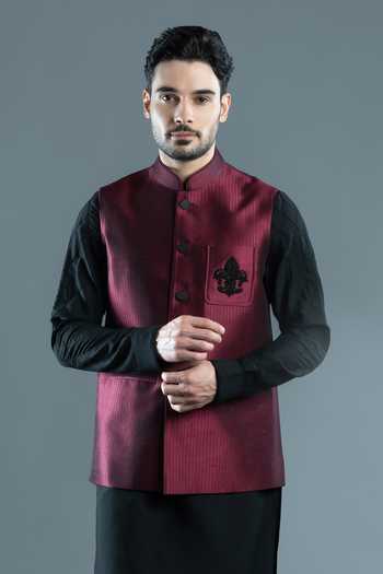 Shop Varoin Marwah Red Silk Siyah Placement Embroidered Nehru Jacket Online at Aza Fashions Shop_Varoin Marwah_Red Silk Siyah Placement Embroidered Nehru Jacket _Online_at_Aza_Fashions