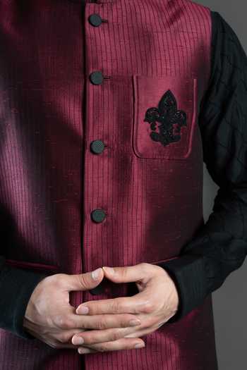 Varoin Marwah Red Silk Siyah Placement Embroidered Nehru Jacket at Aza Fashions Varoin Marwah_Red Silk Siyah Placement Embroidered Nehru Jacket _at_Aza_Fashions