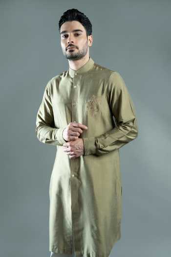 Varoin Marwah Green Silk Sigil Placement Embroidered Kurta Online at Aza Fashions Varoin Marwah_Green Silk Sigil Placement Embroidered Kurta _Online_at_Aza_Fashions