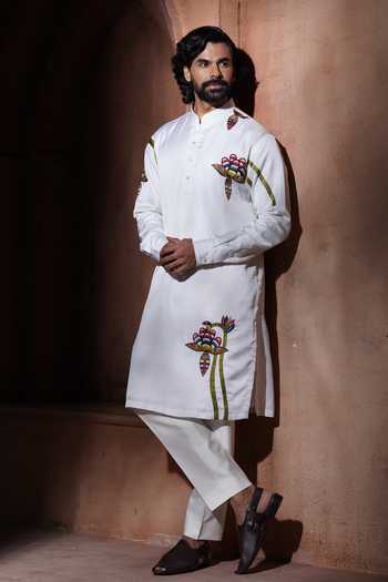 Varoin Marwah_White Silk Tropical Bloom Embroidered Kurta Set _at_Aza_Fashions