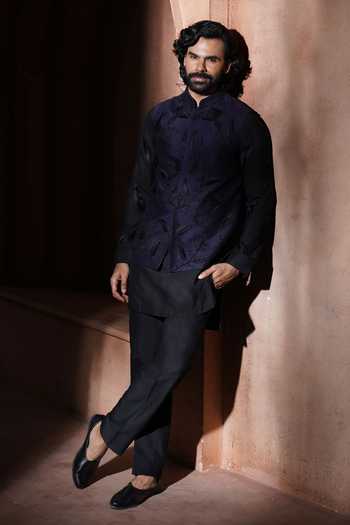 Shop_Varoin Marwah_Blue Silk Indigo Reverie Nehru Jacket Set _Online_at_Aza_Fashions