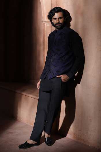 Varoin Marwah_Blue Silk Indigo Reverie Nehru Jacket Set _at_Aza_Fashions