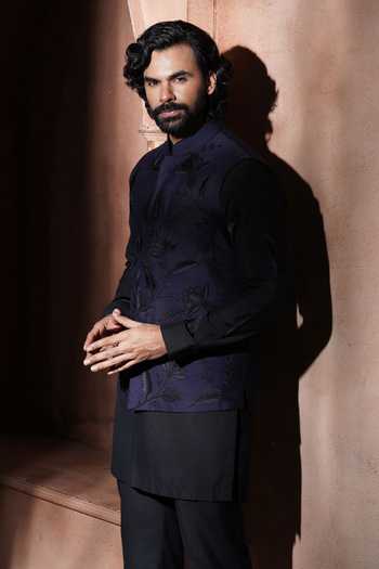 Shop_Varoin Marwah_Blue Silk Indigo Reverie Nehru Jacket Set 