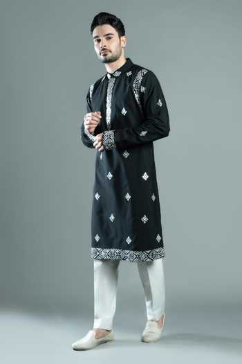 Buy Varoin Marwah Black Silk Silver Mosaic Embroidered Kurta Set Online at Aza Fashions Buy_Varoin Marwah_Black Silk Silver Mosaic Embroidered Kurta Set _Online_at_Aza_Fashions