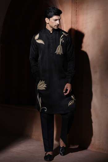Varoin Marwah_Black Silk Midnight Lotus Embroidered Kurta Set _Online_at_Aza_Fashions