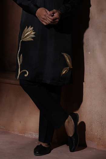 Buy Varoin Marwah Black Silk Midnight Lotus Embroidered Kurta Set Online at Aza Fashions Buy_Varoin Marwah_Black Silk Midnight Lotus Embroidered Kurta Set _Online_at_Aza_Fashions