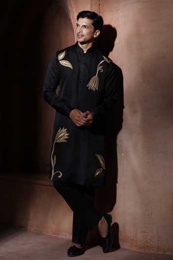 Shop_Varoin Marwah_Black Silk Midnight Lotus Embroidered Kurta Set _Online_at_Aza_Fashions
