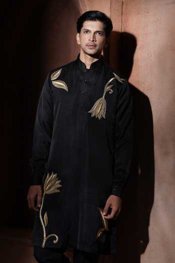 Varoin Marwah_Black Silk Midnight Lotus Embroidered Kurta Set _at_Aza_Fashions