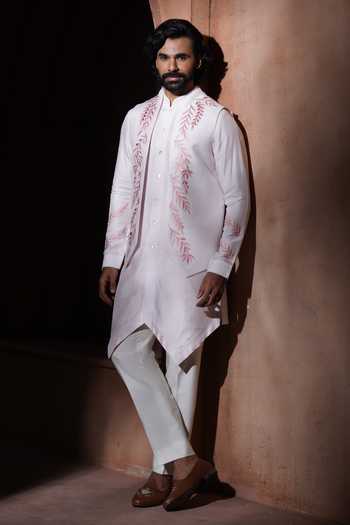 Varoin Marwah_Pink Silk Embroidery Blushvine Nehru Jacket And Kurta Set _Online_at_Aza_Fashions