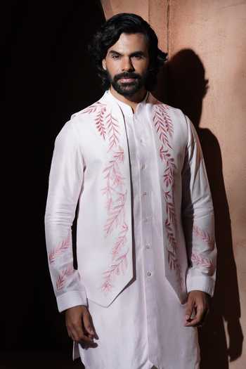 Shop_Varoin Marwah_Pink Silk Embroidery Blushvine Nehru Jacket And Kurta Set _Online_at_Aza_Fashions
