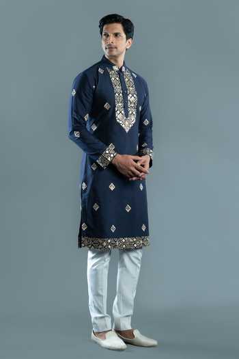 Buy Varoin Marwah Blue Silk Stars Cast Embroidered Kurta Set Online at Aza Fashions Buy_Varoin Marwah_Blue Silk Stars Cast Embroidered Kurta Set _Online_at_Aza_Fashions