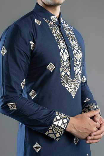 Varoin Marwah Blue Silk Stars Cast Embroidered Kurta Set at Aza Fashions Varoin Marwah_Blue Silk Stars Cast Embroidered Kurta Set _at_Aza_Fashions