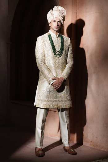 Varoin Marwah_Beige Silk Taj Noor Embroidered Sherwani Set _Online_at_Aza_Fashions