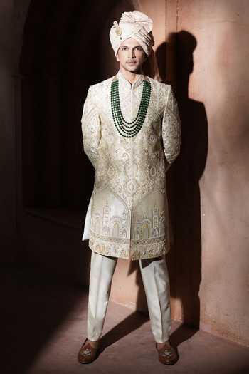 Buy_Varoin Marwah_Beige Silk Taj Noor Embroidered Sherwani Set _Online_at_Aza_Fashions