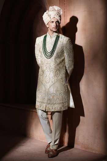 Shop_Varoin Marwah_Beige Silk Taj Noor Embroidered Sherwani Set _Online_at_Aza_Fashions