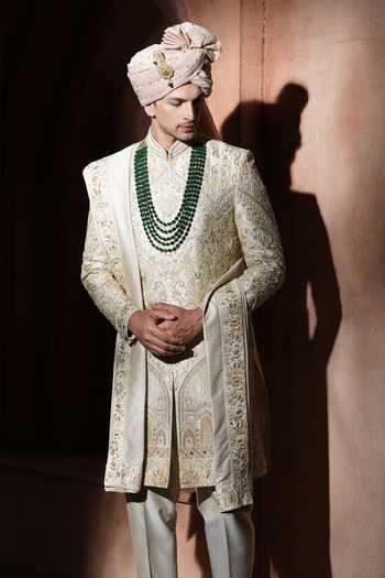 Varoin Marwah_Beige Silk Taj Noor Embroidered Sherwani Set _at_Aza_Fashions