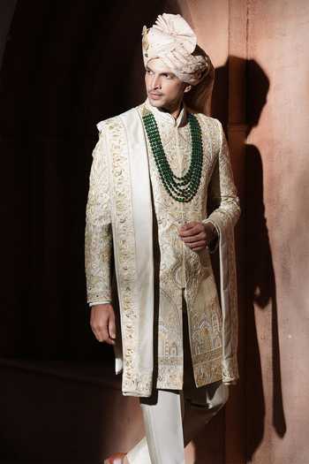Buy_Varoin Marwah_Beige Silk Taj Noor Embroidered Sherwani Set 