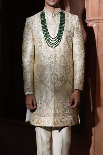 Shop_Varoin Marwah_Beige Silk Taj Noor Embroidered Sherwani Set 