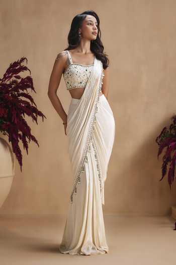 Buy Niamh By Kriti Ivory Silk, Crepe Square Neck Hand Embellished Pre-draped Saree Set Online at Aza Fashions Buy_Niamh By Kriti_Ivory Silk, Crepe Square Neck Hand Embellished Pre-draped Saree Set _Online_at_Aza_Fashions