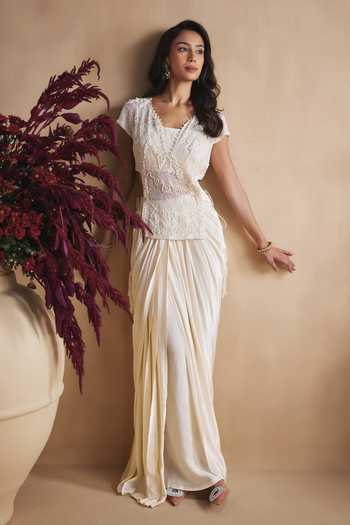 Niamh By Kriti_Ivory Silk, Organza, Crepe V-, Square Hand Embellished Top And Skirt Set _Online_at_Aza_Fashions