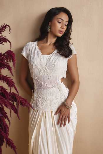Buy_Niamh By Kriti_Ivory Silk, Organza, Crepe V-, Square Hand Embellished Top And Skirt Set _Online_at_Aza_Fashions