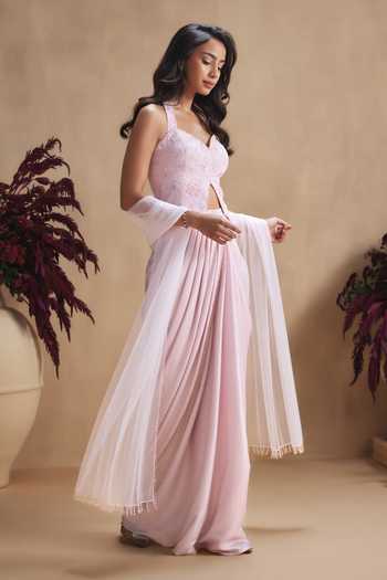 Niamh By Kriti_Pink Silk, Crepe, Shantoon Sweetheart Neck, Halter Powder Draped Skirt Top Set _Online_at_Aza_Fashions