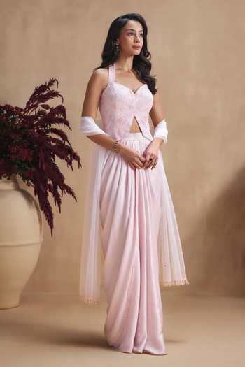 Buy_Niamh By Kriti_Pink Silk, Crepe, Shantoon Sweetheart Neck, Halter Powder Draped Skirt Top Set _Online_at_Aza_Fashions