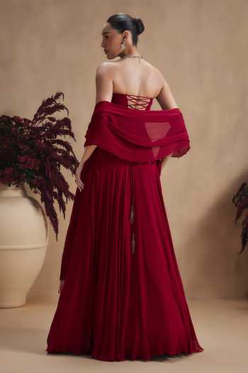 Niamh By Kriti Maroon Bloom Top & Lehenga Set
