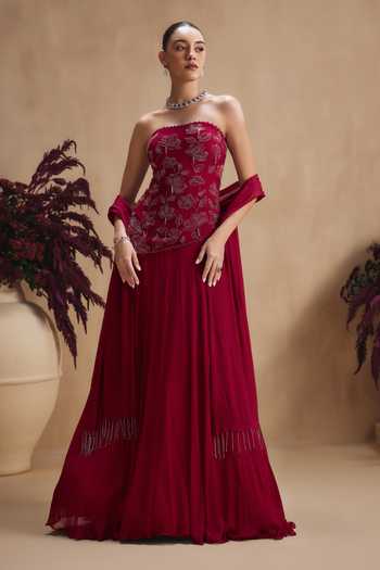 Niamh By Kriti Maroon Bloom Top & Lehenga Set