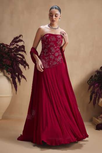 Niamh By Kriti Maroon Georgette, Satin, Chiffon Bandeau Neck Bloom Top And Lehenga Set Online at Aza Fashions Niamh By Kriti_Maroon Georgette, Satin, Chiffon Bandeau Neck Bloom Top And Lehenga Set _Online_at_Aza_Fashions