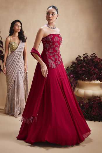 Shop Niamh By Kriti Maroon Georgette, Satin, Chiffon Bandeau Neck Bloom Top And Lehenga Set Online at Aza Fashions Shop_Niamh By Kriti_Maroon Georgette, Satin, Chiffon Bandeau Neck Bloom Top And Lehenga Set _Online_at_Aza_Fashions