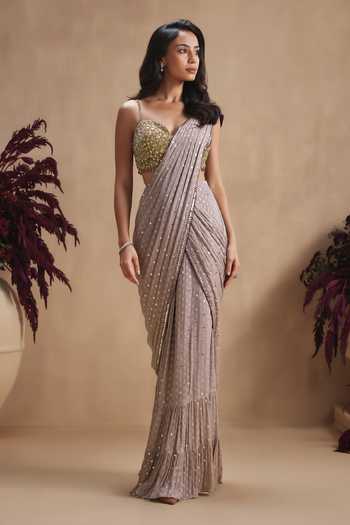 Niamh By Kriti Gold Georgette, Shantoon Sweetheart Neck Taupe Grey Luxe Pre-draped Saree Set Online at Aza Fashions Niamh By Kriti_Gold Georgette, Shantoon Sweetheart Neck Taupe Grey Luxe Pre-draped Saree Set _Online_at_Aza_Fashions