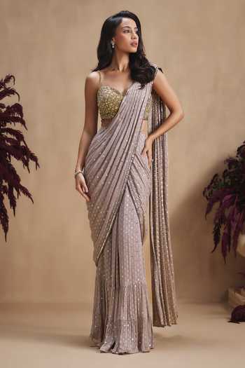 Niamh By Kriti Taupe Grey Luxe Pre-Draped Saree Set