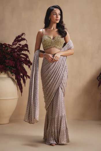 Shop Niamh By Kriti Gold Georgette, Shantoon Sweetheart Neck Taupe Grey Luxe Pre-draped Saree Set Online at Aza Fashions Shop_Niamh By Kriti_Gold Georgette, Shantoon Sweetheart Neck Taupe Grey Luxe Pre-draped Saree Set _Online_at_Aza_Fashions