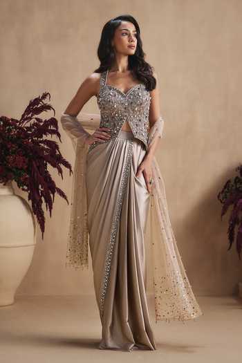 Buy Niamh By Kriti Gold Silk Satin Sequins, Beads, Pearls, Champagne Stardust Draped Skirt Set Online at Aza Fashions Buy_Niamh By Kriti_Gold Silk Satin Sequins, Beads, Pearls, Champagne Stardust Draped Skirt Set _Online_at_Aza_Fashions