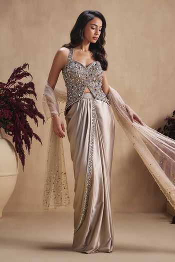 Niamh By Kriti Champagne Stardust Draped Skirt Set