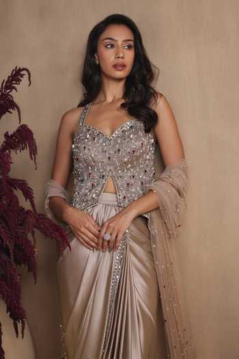 Shop Niamh By Kriti Gold Silk Satin Sequins, Beads, Pearls, Champagne Stardust Draped Skirt Set Online at Aza Fashions Shop_Niamh By Kriti_Gold Silk Satin Sequins, Beads, Pearls, Champagne Stardust Draped Skirt Set _Online_at_Aza_Fashions