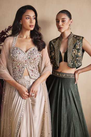 Niamh By Kriti Gold Silk Satin Sequins, Beads, Pearls, Champagne Stardust Draped Skirt Set at Aza Fashions Niamh By Kriti_Gold Silk Satin Sequins, Beads, Pearls, Champagne Stardust Draped Skirt Set _at_Aza_Fashions